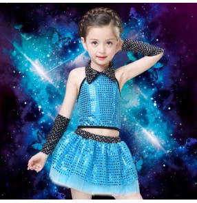 Sky blue turquoise fuchsia hot pink yellow red gold sequined girls kids child children modern stage performance jazz dance school t show dance dresses outfits costumes